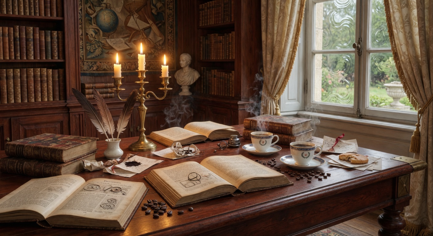 Cozy 18th century salon with antique books, quills, and steaming cups of coffee