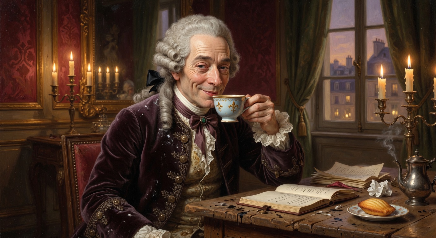 Voltaire sipping coffee with an intellectual smirk in an elegant 18th century setting